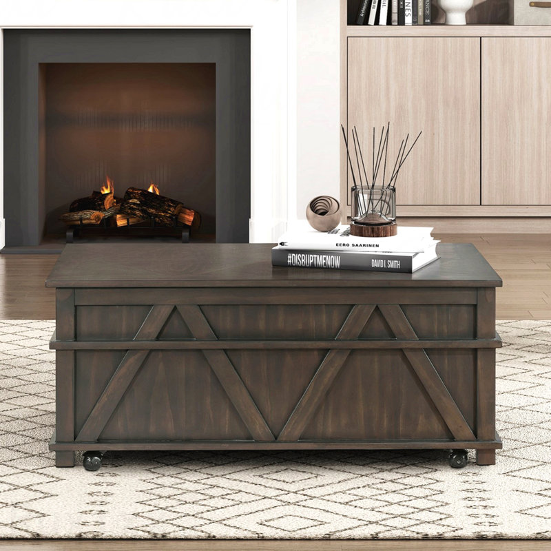 Table basse à plateau relevable rustique 1Pc avec rangement en bois durable brun