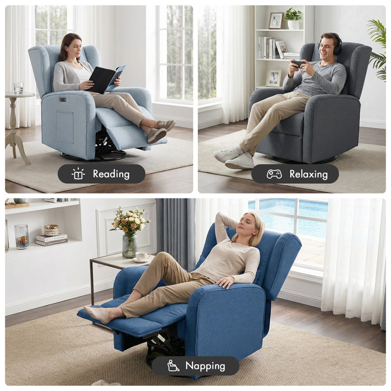 Candace Power Recliner 3-In-1 With Swivel, Glider, USB Ports, Gray