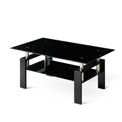 Black Tempered Glass Coffee Table, 2-Tier Tea Table For Living Room | Gift Idea