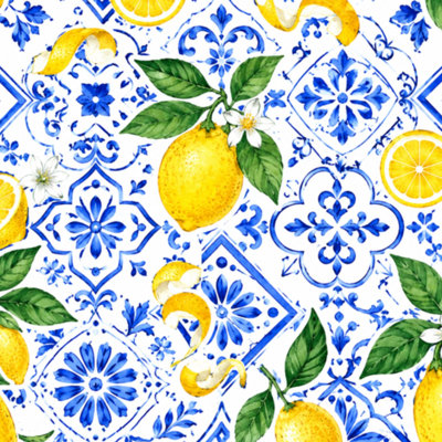 Papier peint auto-adhésif à carreaux méditerranéen bleu majolica jaune citron sans fin Papier de contact amovible adhésif mural pour armoires de cuisine de chambre à coucher 17,7 po x 118 po
