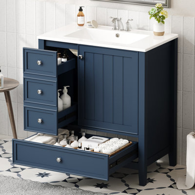 Meuble-lavabo 30 po avec lavabo, une armoire et trois tiroirs, panneau de bois massif et panneau de fibres à densité moyenne, bleu