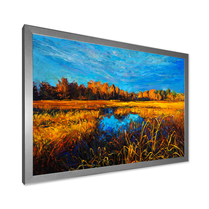 Orange Meadows sous un ciel bleu clair - peinture sur toile, H 30 po x l 40 po x 1,5 po, Cadre photo argenté