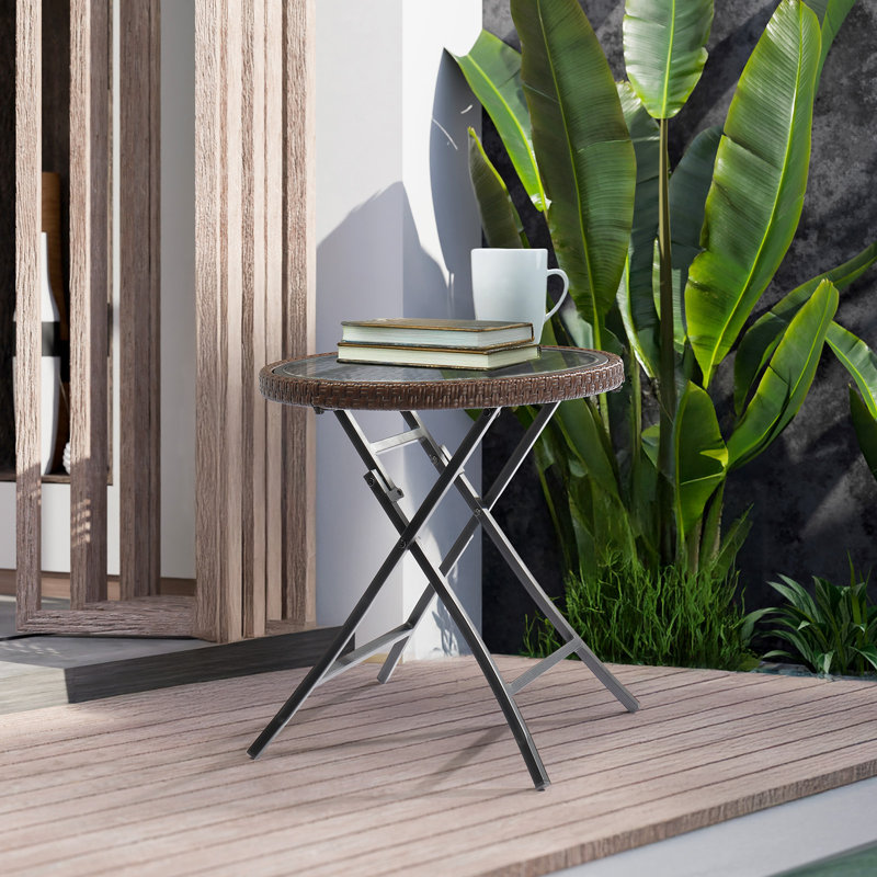 Table d'appoint ronde en osier de patio avec plateau en verre