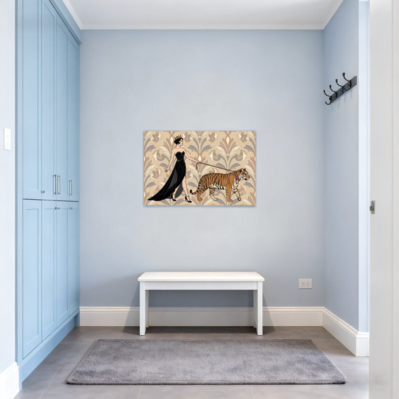 Animaux en robe noire avec tigre en laisse, H 16 po x l 24 po