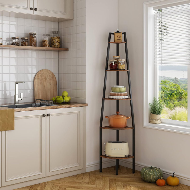 Tablette d'angle, bibliothèque d'angle industrielle à 5 niveaux, étagère d'angle rustique, bibliothèque d'angle pour petits espaces, chambre à coucher, salon, bureau personnel, cuisine, balcon, brun rustique