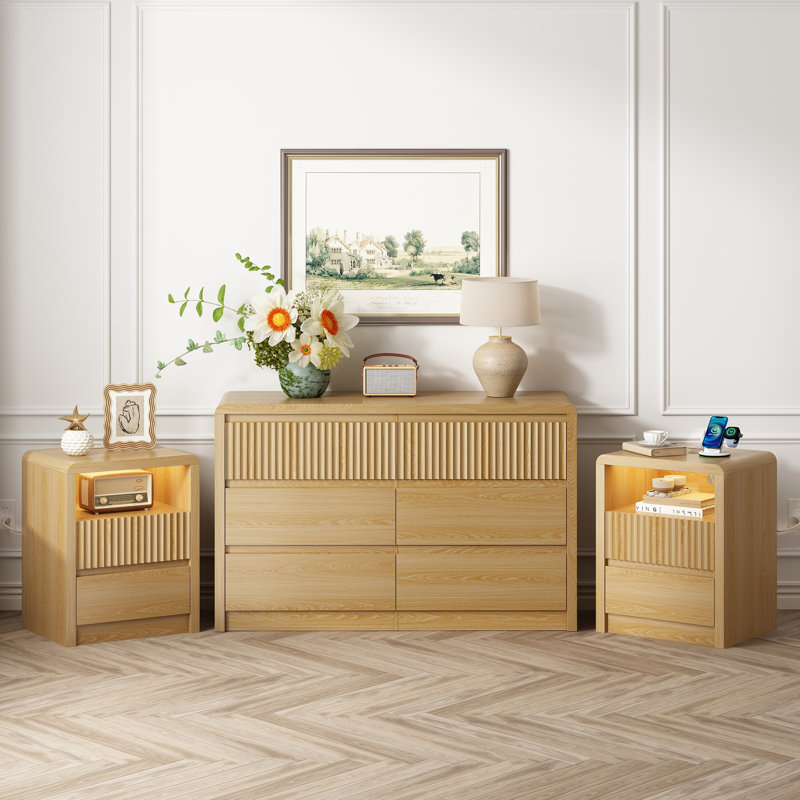 Ensemble de chambre à coucher cannelée 3 pièces, commode à 9 tiroirs et 2 tables de chevet avec tiroirs, armoire à usages multiples pour commode de chambre à coucher, meuble télé et table de bout de canapé, conception anti-basculement sécuritair