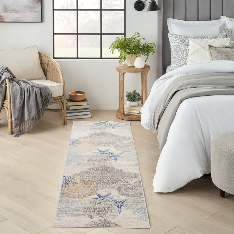 Tapis ivoire / bleu Lilyanna, Tapis de couloir 2 pi 3 po x 7 pi 6 po