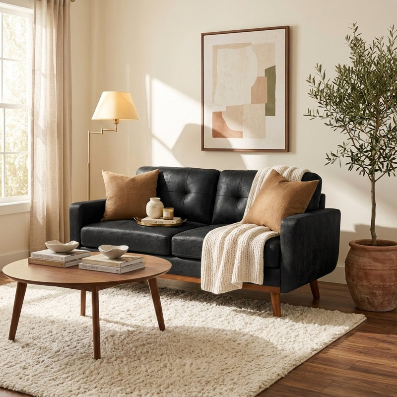 Canapé de style moderne 65 places 2 places avec accoudoirs carrés et pieds en bois massif, Black