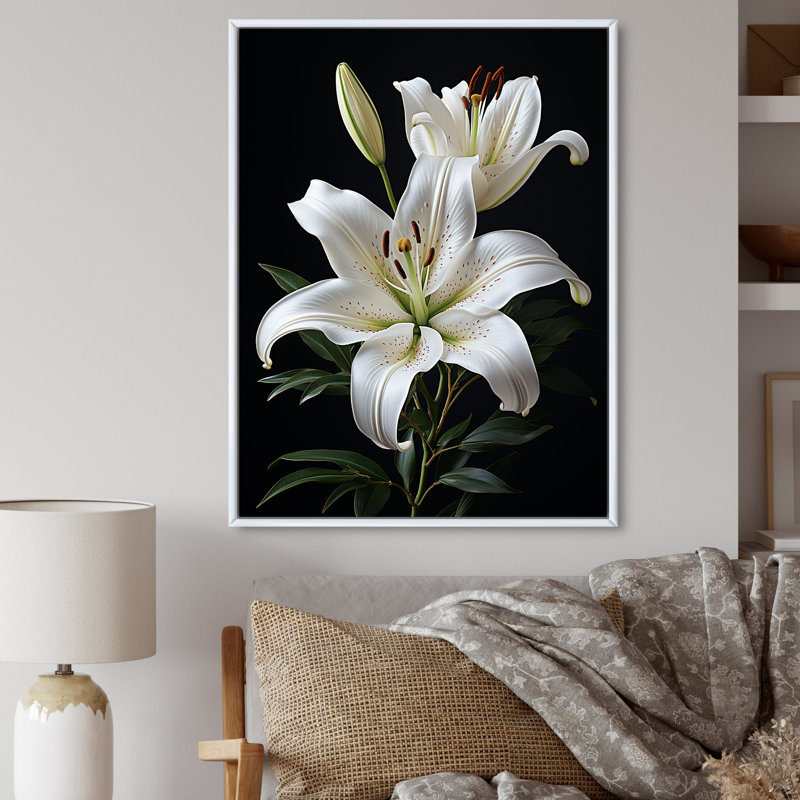 «Black White Lily Exquis II» - lys, impressions sur toile, H 44 po x l 34 po x P 1,5 po, Cadre flottant blanc