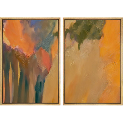Warm Earth Tone Palette Knife Abstract Wall Art Decor Framed On Canvas 2 Pieces Print