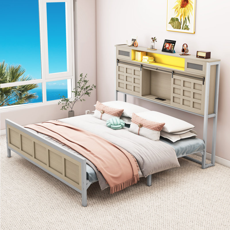 Farmhouse Platform Storage Bed with Bookcase Headboard and LED Lights, King, Brown