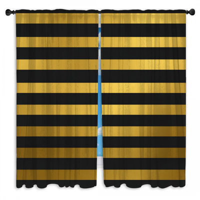 Gold Black Stripes Window Curtains Pattern Sheer - 2 Panels