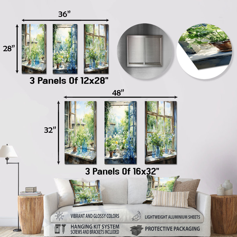 Green And Blue Countryside Window Charm II - Farm Windows Metal Art Print Set Of 3, 32" H x 48" W