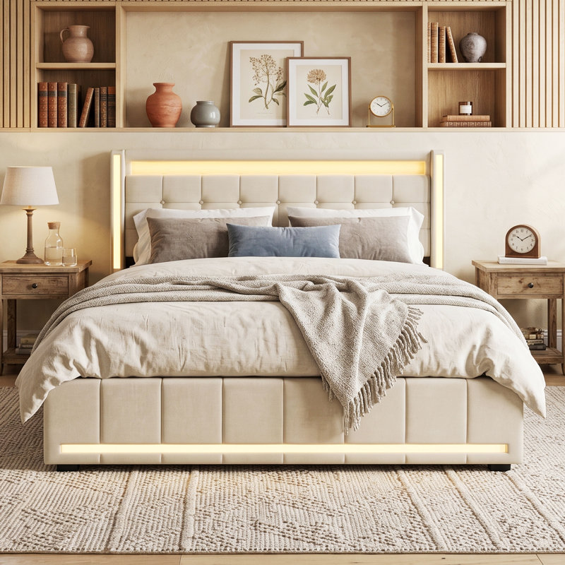 UK&EU Size Smart Linen Bed Frame with App-Controlled LED Lights, Upholstered Storage Bed with 4 Drawers & USB Charging Station, Grey & Beige