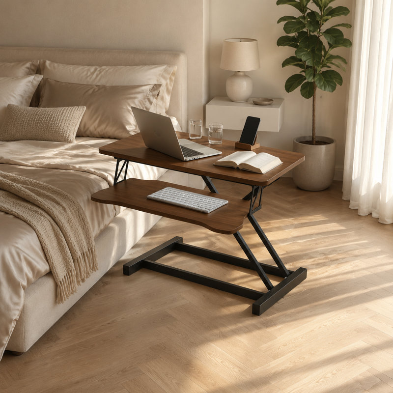 Adjustable Overbed Table with Two-Tier Split Top for Laptop Work, Walnut Wood