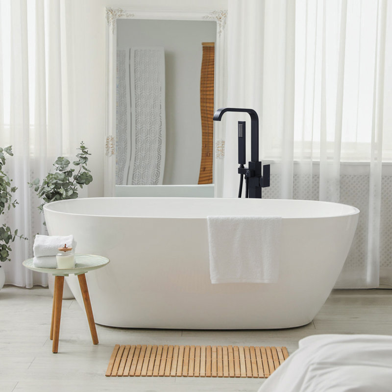 Floor Mounted Freestanding Tub Filler with Diverter and Handshower, Matte Black