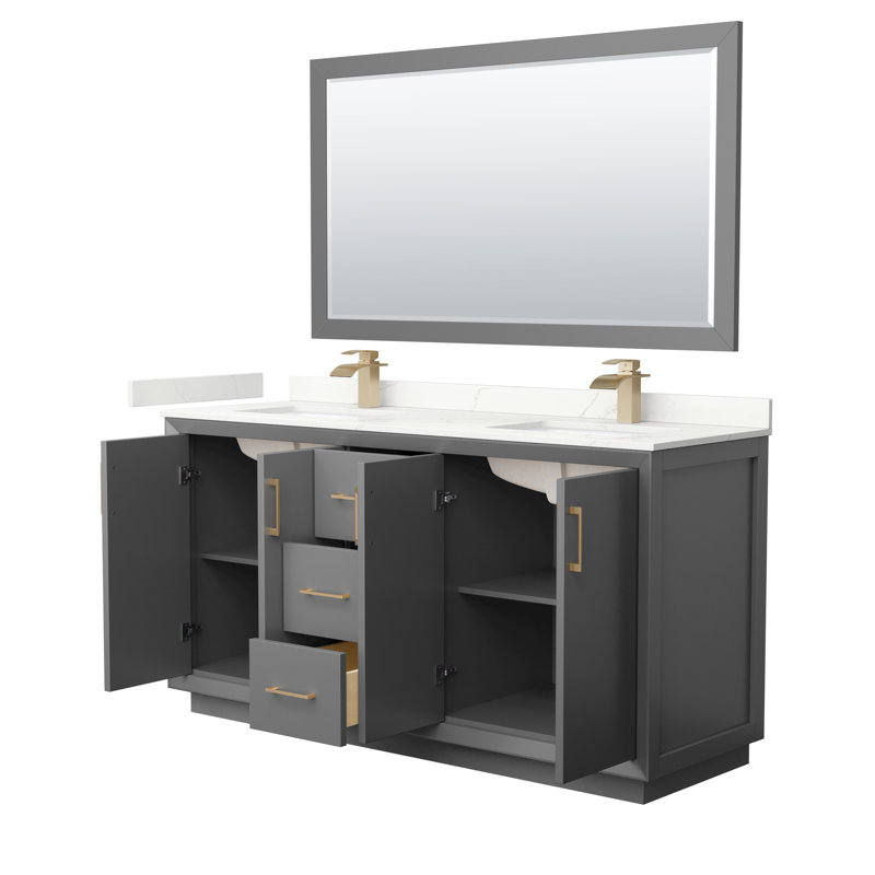 Strada 66'' W Double Vanity, Dark Gray, Giotto Quartz, Satin Bronze