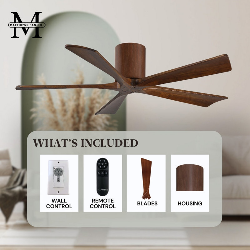 60" Irene 5-Blade Hugger Ceiling Fan with Wall Remote, Walnut, Walnut Tone, 60"