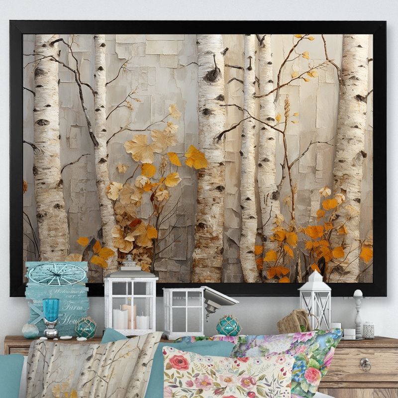 Élégance de bouleau d'automne - art mural grand arbre, H 12 po x l 20 po x P 1 po, Cadre d'angle fermé noir