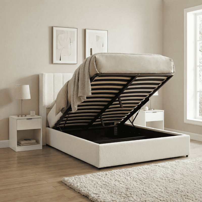 Atiyah Wingback Ottoman Storage Bed, White Boucle, Double (4'6)