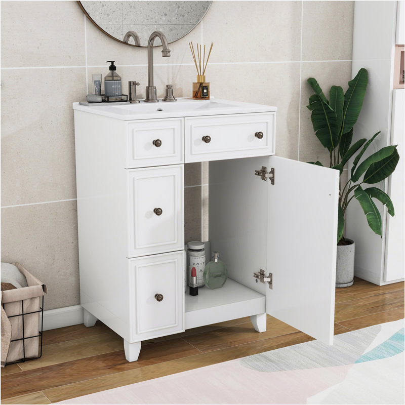Armoire de meuble-lavabo 24 po avec lavabo en céramique, 2 tiroirs, 1 porte, Blanc