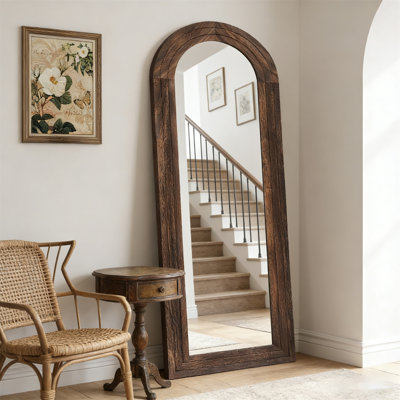 Arched Full-Length Mirror Solid Wood Frame, Farmhouse Style, Wall/Floor Leaning With Stand, For Bedroom & Living Room