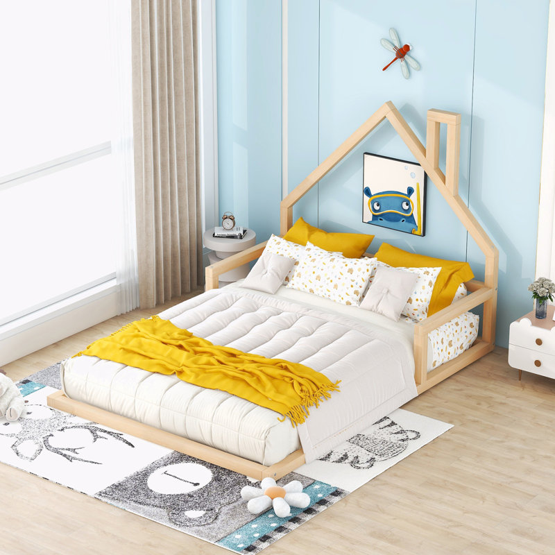 Wood Floor Bed with House-shaped Headboard, Natural, Full