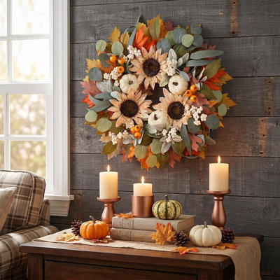 Autumn Fall Wreath for Front Door with Silk Sunflowers, White Pumpkins, Eucalyptus, Berries and Maple Leaves, Rustic Harvest Wreath on Grapevine Base for Thanksgiving, Porch, Wall and Home Decor