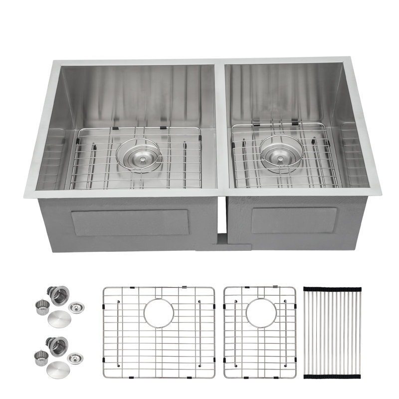 Évier de cuisine en acier inoxydable à double cuve encastrable L 33 po x l 19 po avec crépines et grilles d'évier