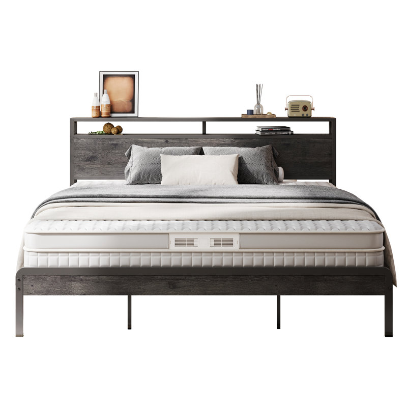 Industrial Bed Frame With Storage Headboard, Gray, King