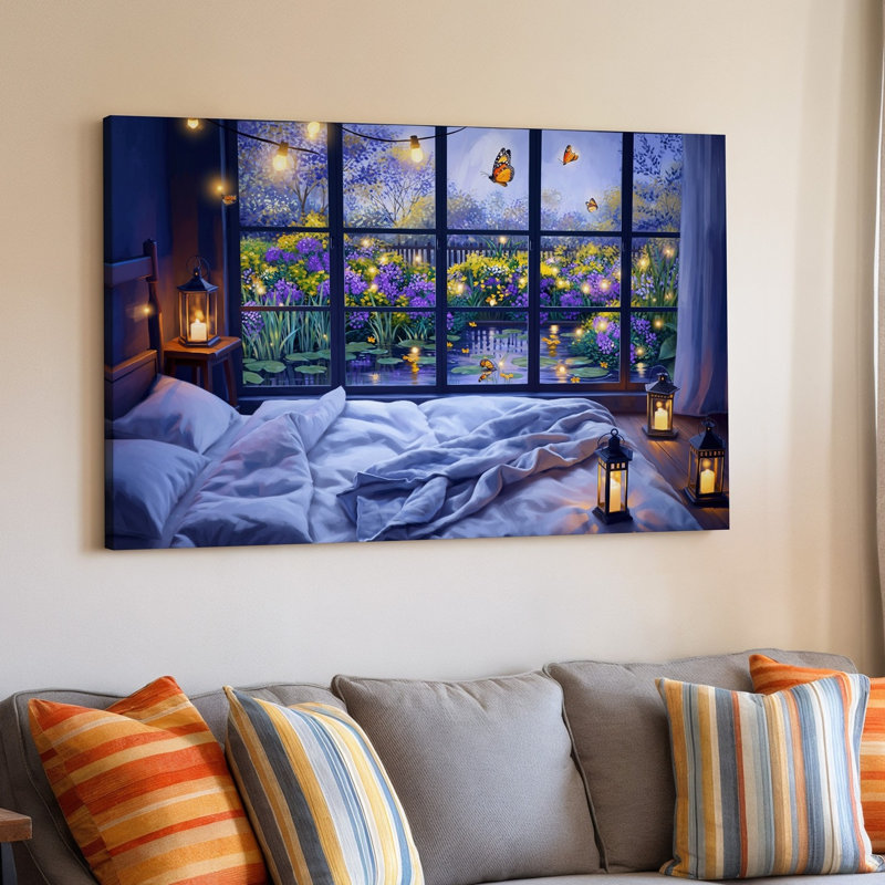 Toile une scène de chambre sereine baignée dans le crépuscule avec un lit douillet avec des draps blancs froissés et un art mural sur toile bleu pâle