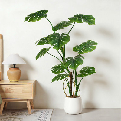 120cm Faux Monstera Plant - 11 Leaves Artificial Monstera Deliciosa in White Belly Pot with Pebbles - Fake Swiss Cheese Tree for Modern Living Room, Office & Bedroom Decor