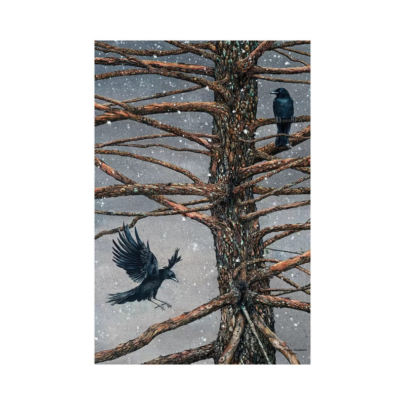 Corvus Corvidae and the Cedar par Maggie Vandewalle - reproduction d'art, H 40 po x l 26 po x P 1,5 po, Toile tendue