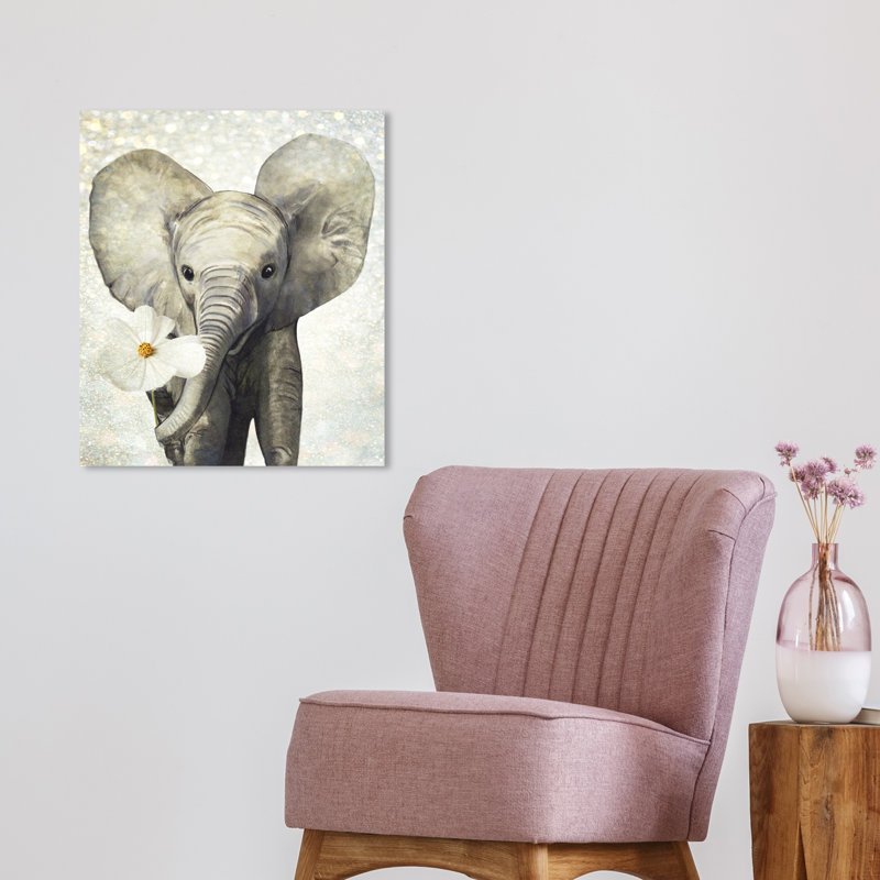Animaux, bébé mignon, éléphant, fleur de zoo - impression d'art graphique, L 30 po x H 36 po, Toile tendue