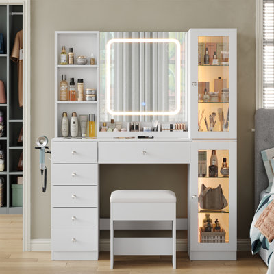 Dressing Table with LED Mirror, 6 Drawers, 2 Cabinets and 3 Open Shelves, Power Outlet, Glass Top