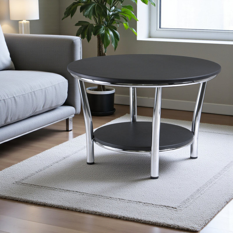 Table basse avec tablette Dobbs Ferry au fini noir / chrome brillant, H 18,7 po x l 29,33 po x P 29,33 po, Noir