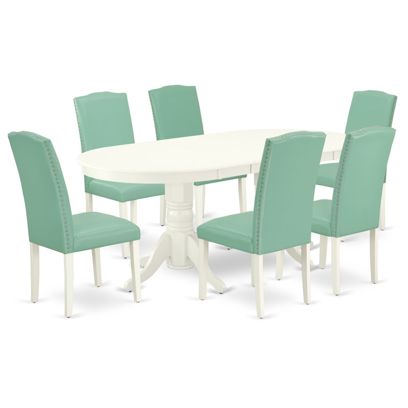 7 Piece Dining Set consists of an Oval Dining Room Table with Butterfly Leaf and 6 Pond Faux Leather Upholstered Parson Chairs, Linen White