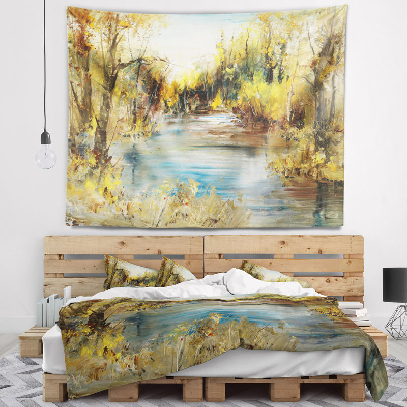 Lac dans la forêt, tapisserie de peinture à l'huile, H 32 po x l 39 po