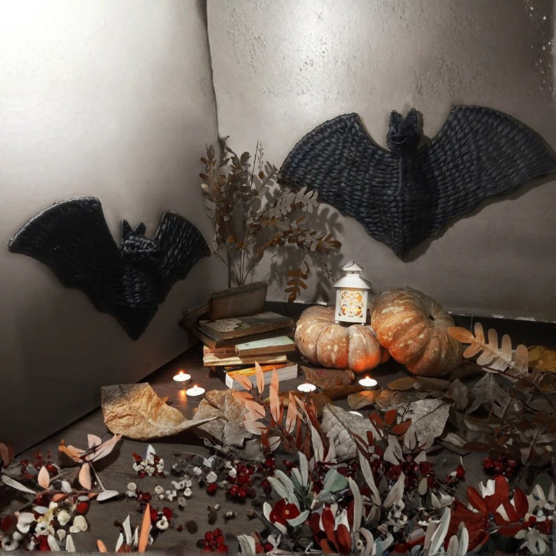 Handwoven Black Bat Wall Hangings – Halloween Rattan Décor Accents Set Of 2