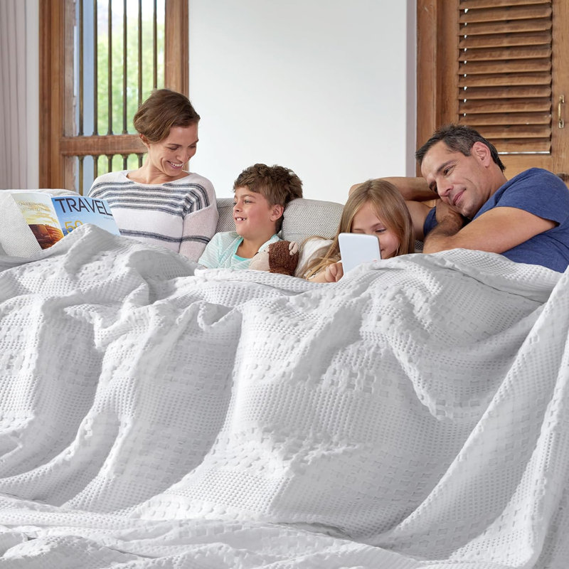 Très grande couverture blanche à tissage gaufré 100% coton, Blanc, Très grand lit