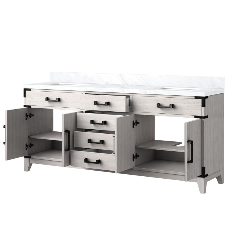 72 po Meuble-lavabo en chêne blanc avec marbre poli et tiroirs fonctionnels avec armoires pratiques