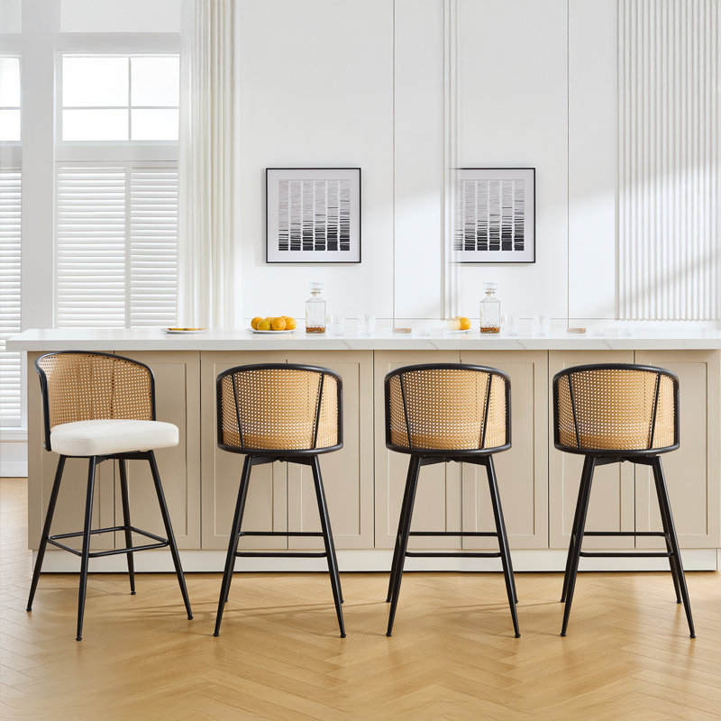 Cane Back Swivel Upholstered Counter & Bar Stool, Bar Stool (29” Seat Height), Cream