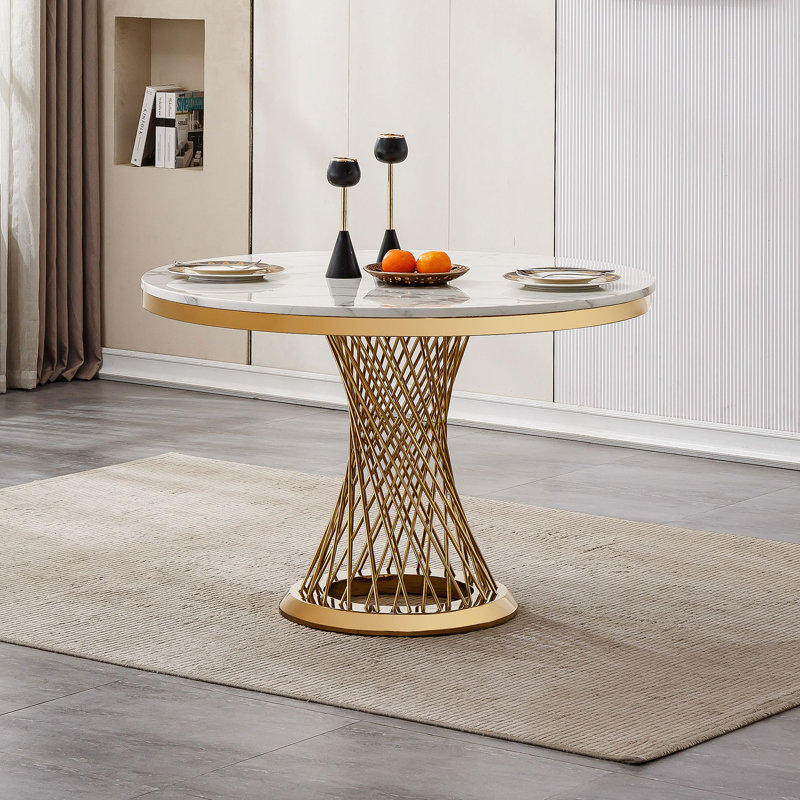 Table de salle à manger ronde en marbre, table de cuisine moderne avec plateau en faux marbre ultrabrillant et base en acier inoxydable pour la salle à manger, cuisine (seulement une table)