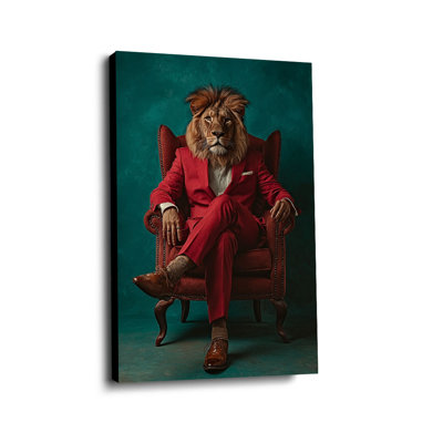 Cadre tendu sur toile tendue «Lion en costume rouge sur fauteuil» sophistiqué pour Eclectic Studio