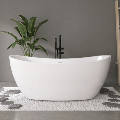 Fslefay 66'' Acrylic White Freestanding Bathtub Double Slipper Soaking Tub with Overflow Oval Shape
