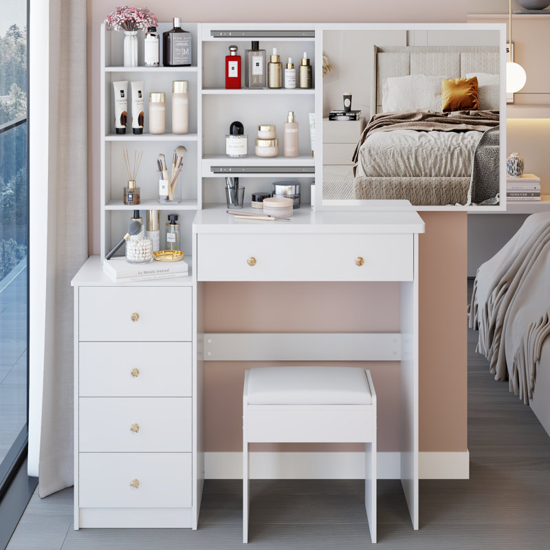 Meuble-lavabo de 37 po avec tabouret de chevet de taille moyenne 37 po + tabouret rembourré, très grand miroir coulissant à droite, rangement multi-couches grande capacité, commode pratique et pratique, convient aux grands espaces