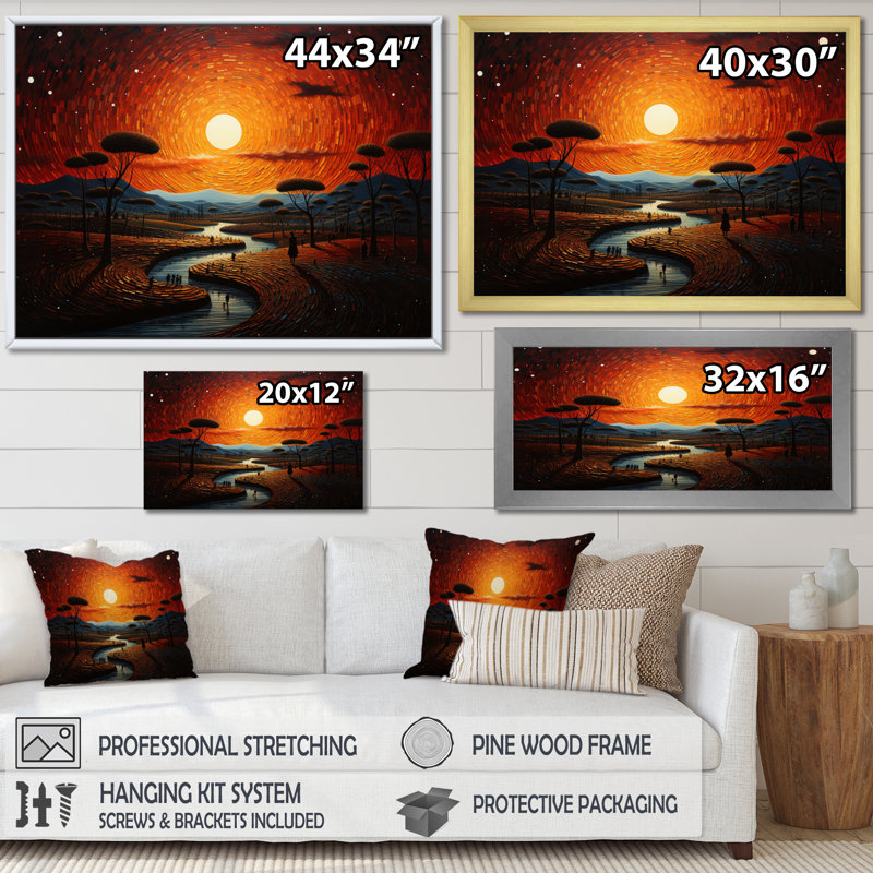 «African Tribal Sunset V», reproduction sur toile, H 16 po x l 32 po x P 1 po, Cadre flottant noir