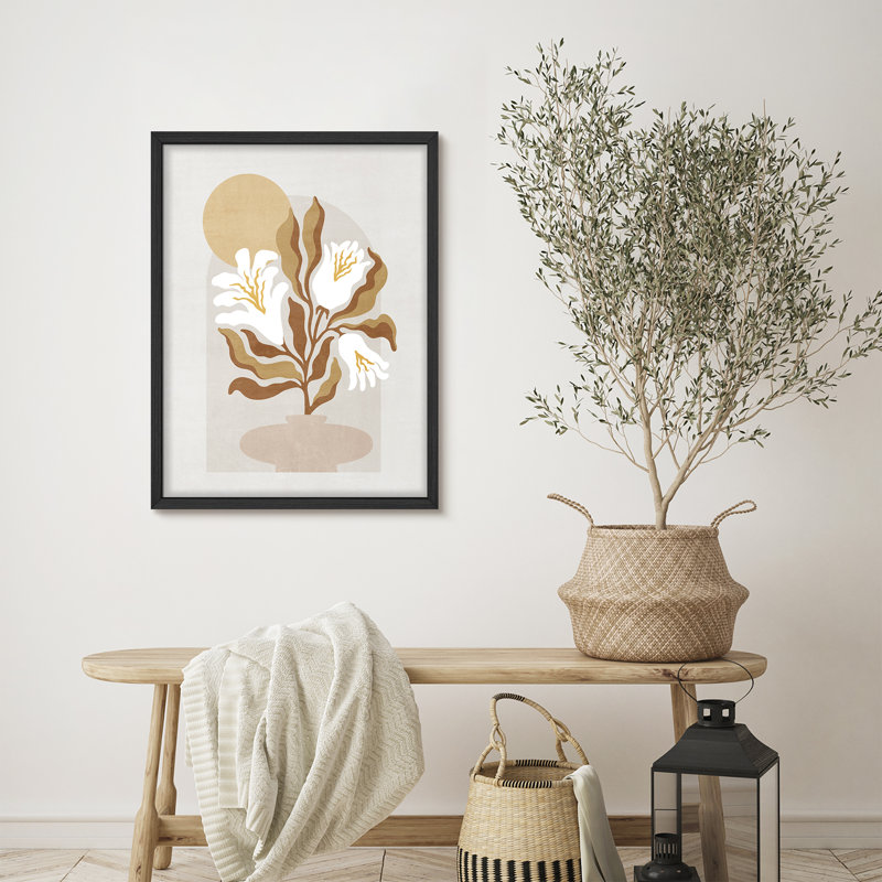 Mid-Century moderne abstrait floral dans un vase classique, illustrations rustiques, affiche encadrée, H 14 po x l 11 po