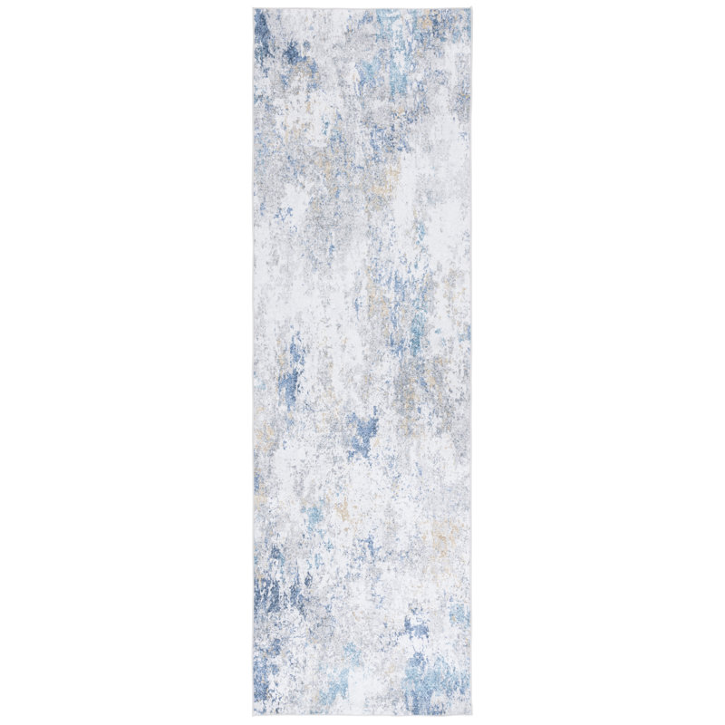Tapis bleu / blanc en polyester tissé à la machine Taihlor, Tapis de couloir 2 pi 6 po x 8 pi