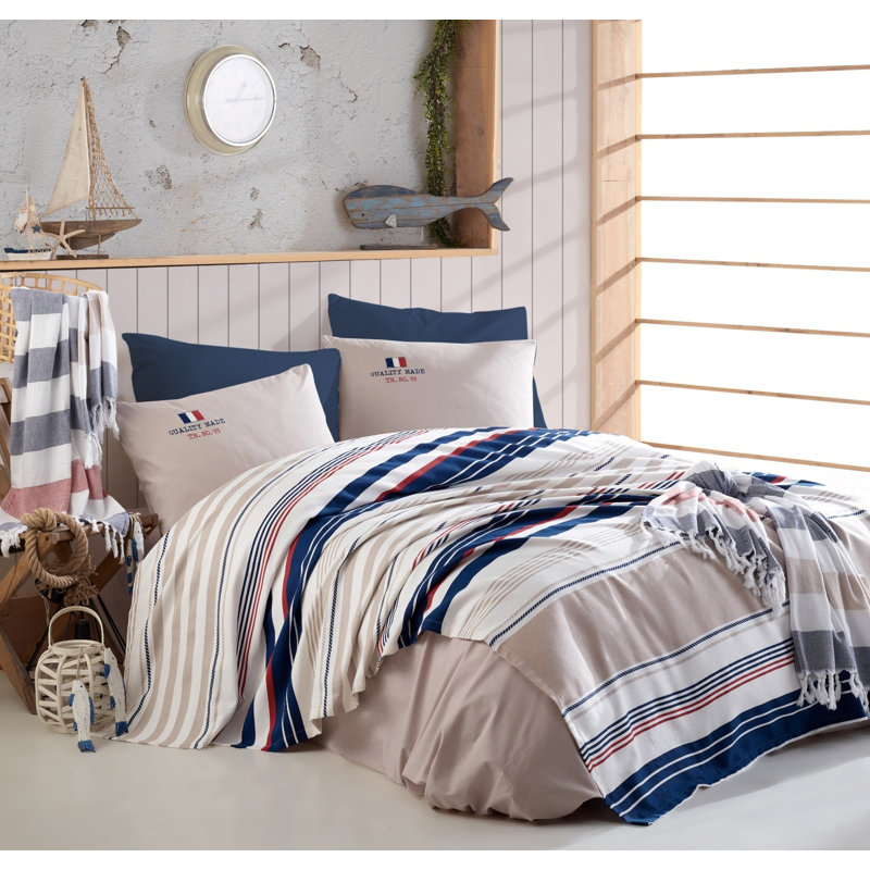 Ensemble de courtepointe 100% coton bleu / blanc 4 pièces Donaldson